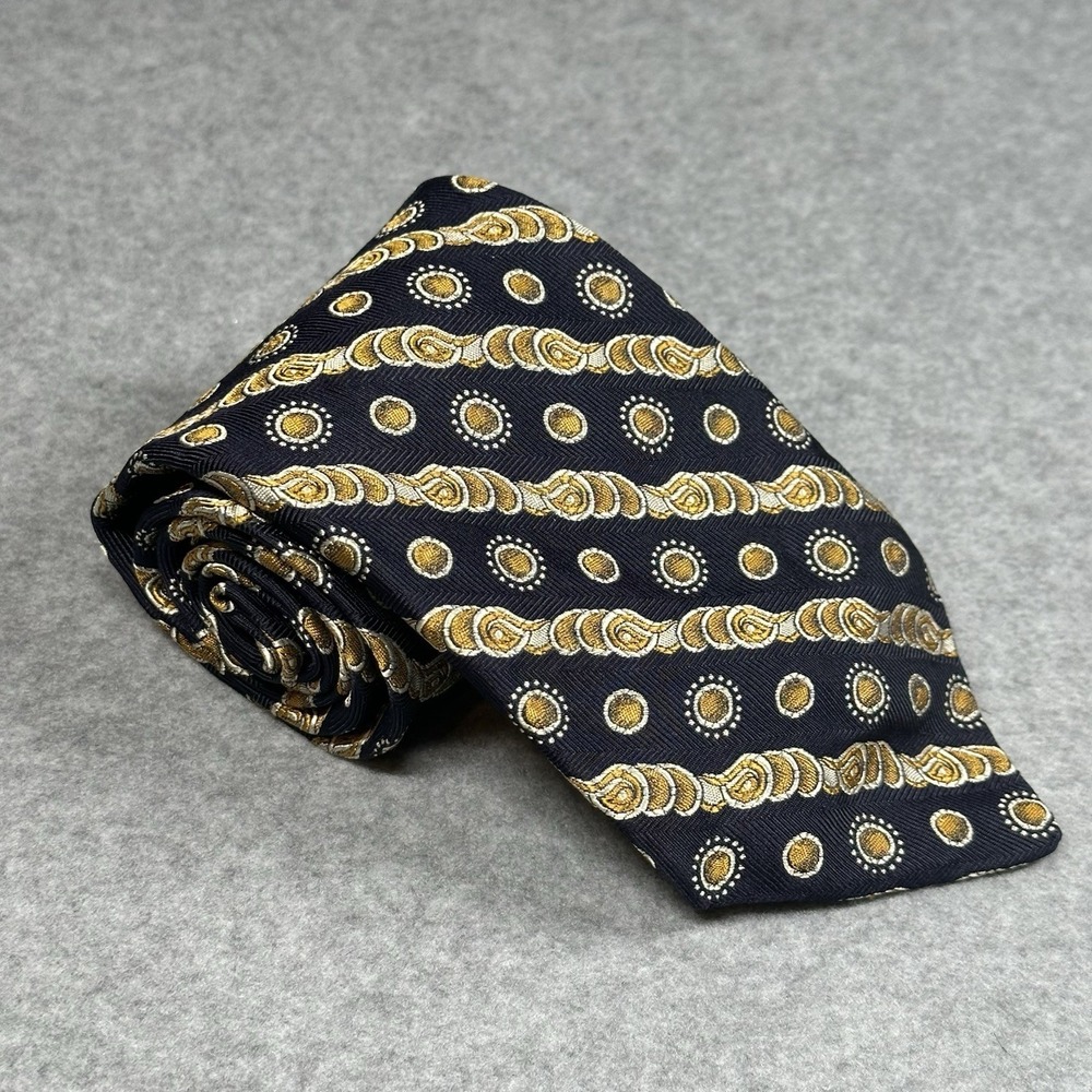 Vakko Silk Tie Navy Gold Chain Medallion Stripe Pattern Wide 55x3.75 in
